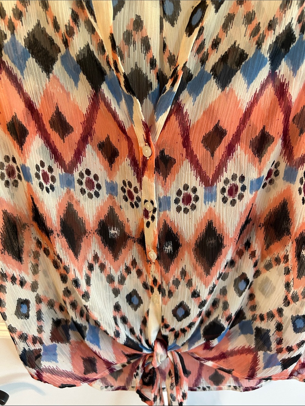 Lucky Brand Sleeveless Tie-Front Printed Blouse - Coral Multi - Picture 6 of 9